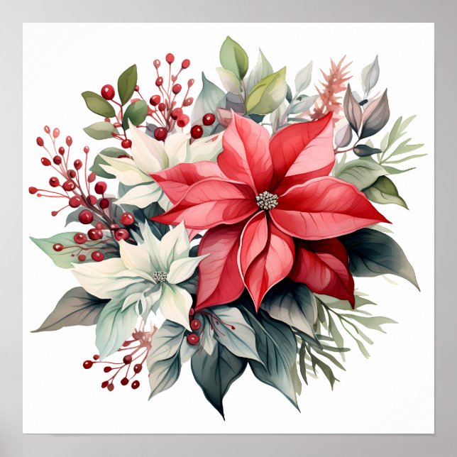 Pretty Red Watercolor Xmas Poinsettia Flowers Poster (Front)
