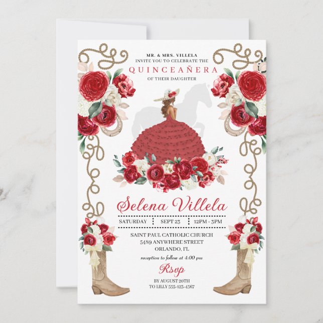 Pretty Red Western Mariachi Princess Quinceañera Invitation (Front)