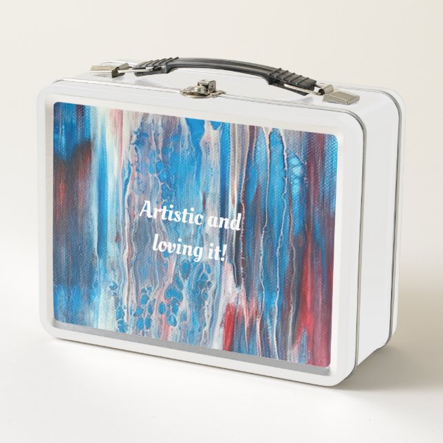 Pretty red white and blue abstract lunch box (Front)