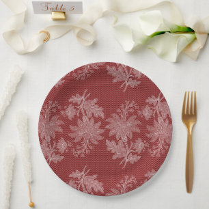 Pretty Red White Floral Faux Lace Wedding Paper Plate