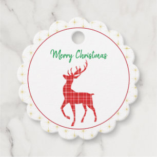 Pretty Reindeer Red Twill Plaid Pattern Christmas Favour Tags