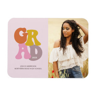 Pretty Retro 70s Pink Photo Grad Announcement Magnet