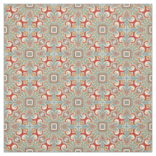 Pretty Retro Chic Red Teal Floral Mosaic Pattern Fabric