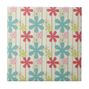 Pretty Retro Colourful Wall Flowers Stripes Patter Tile