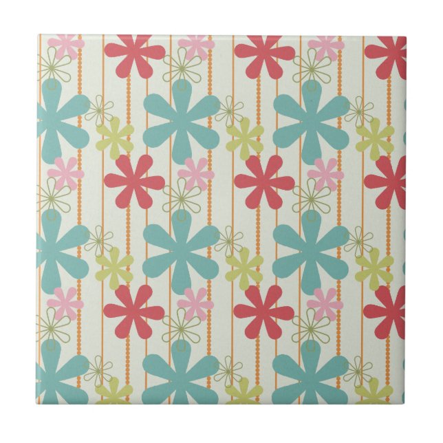 Pretty Retro Colourful Wall Flowers Stripes Patter Tile (Front)