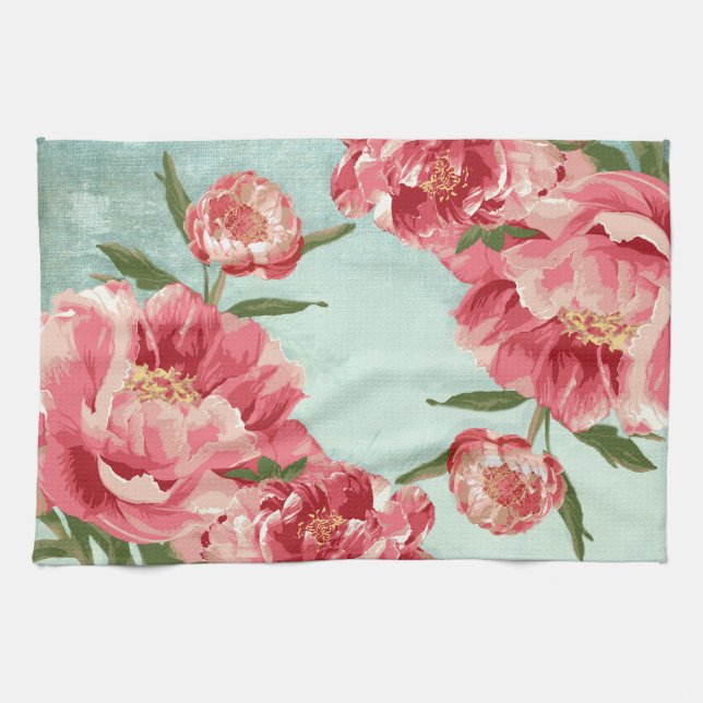Pretty Retro Flower Chintz Peonies Personalised Tea Towel (Horizontal)