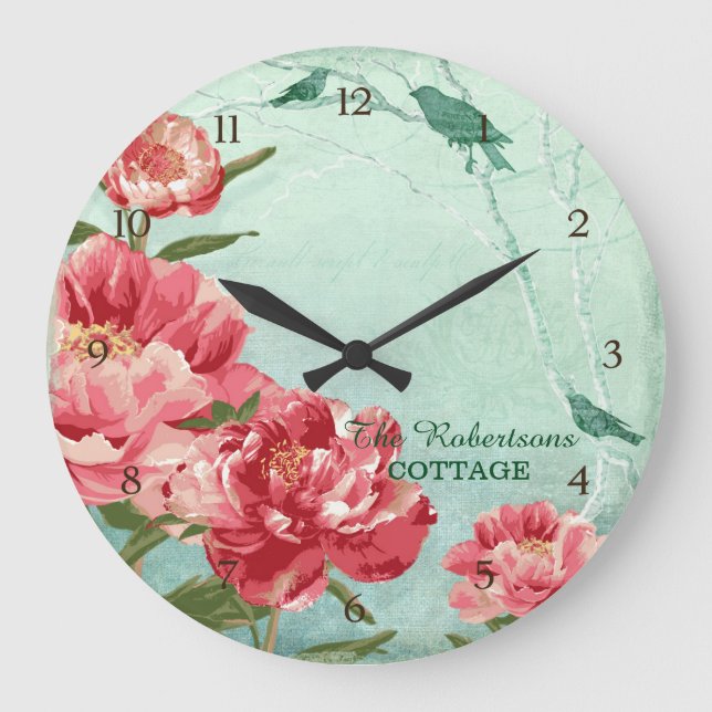 Pretty Retro Flower Home Decor Chintz Peony n Bird Large Clock (Front)