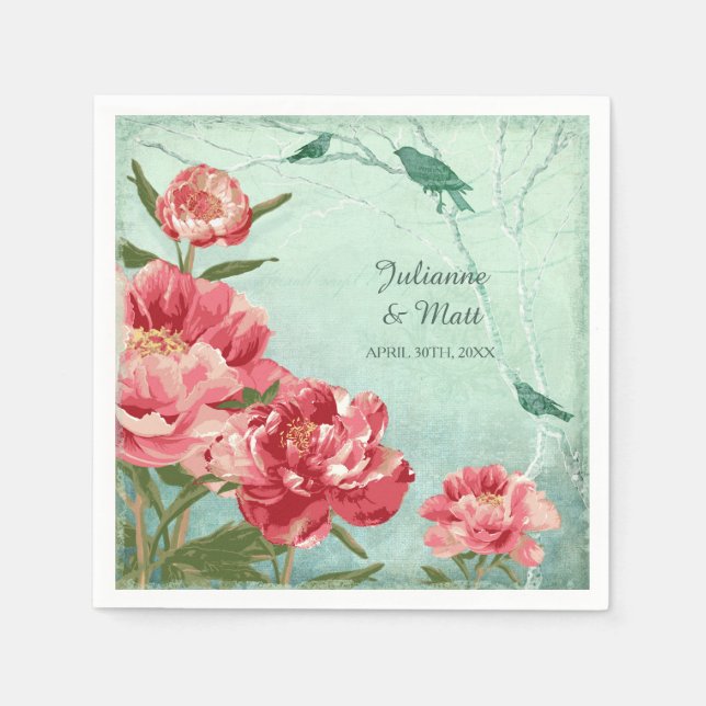 Pretty Retro Flower Peony Couples Shower Decor Napkin (Front)