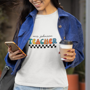 Pretty Retro Groovy & Chequered Teacher  T-Shirt
