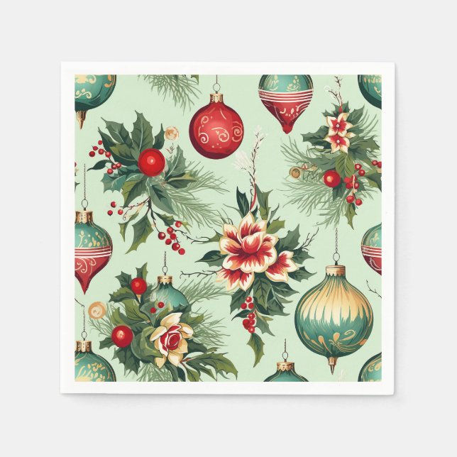Pretty Retro Holiday Ornaments, Floral Christmas Napkin (Front)