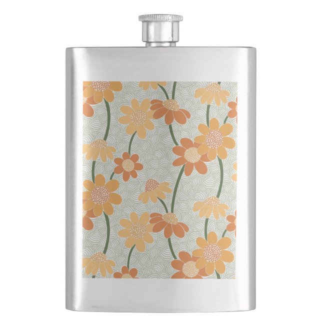 Pretty retro muted 1970s flowers hip flask (Front)