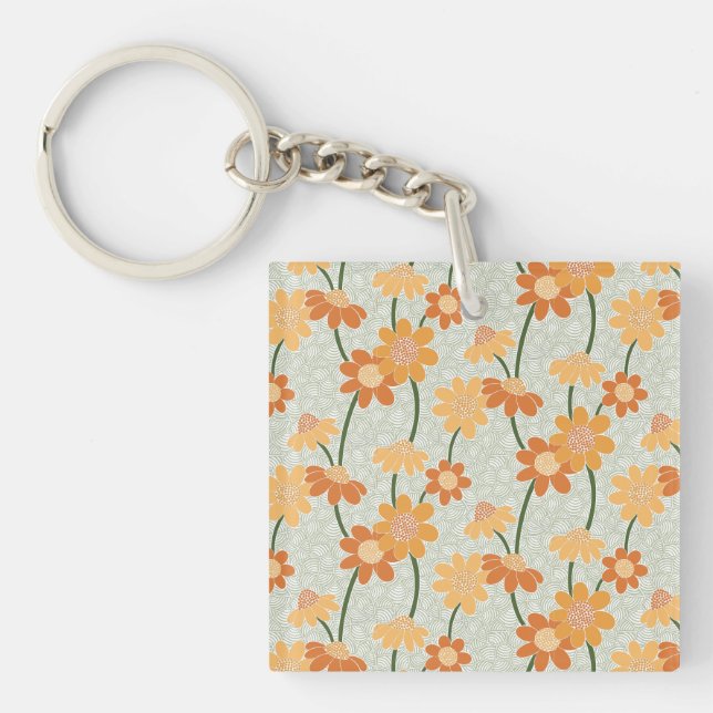 Pretty retro muted 1970s flowers key ring (Front)