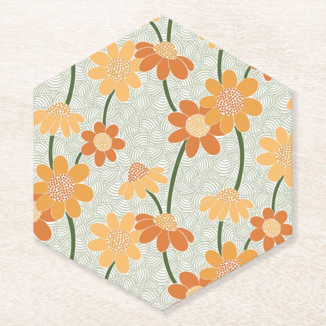 Pretty retro muted 1970s flowers paper coaster (Front)