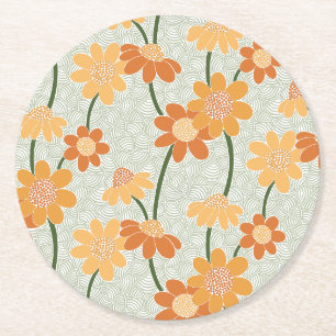 Pretty retro muted 1970s flowers round paper coaster
