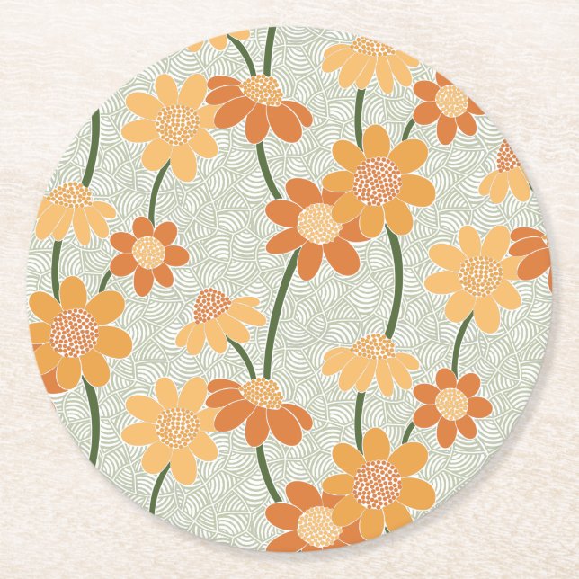 Pretty retro muted 1970s flowers round paper coaster (Front)