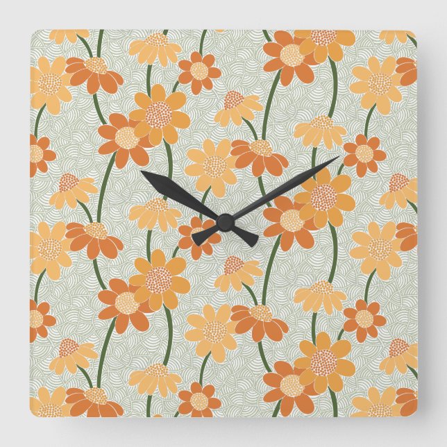 Pretty retro muted 1970s flowers square wall clock (Front)
