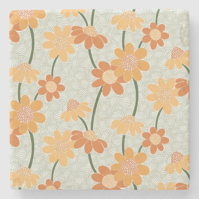 Pretty retro muted 1970s flowers stone coaster (Front)