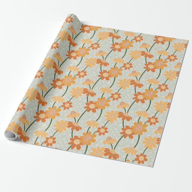 Pretty retro muted 1970s flowers wrapping paper (Unrolled)