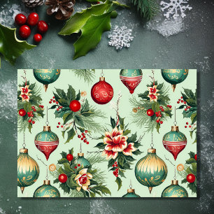 Pretty Retro Ornaments and Flowers Christmas Holiday Card