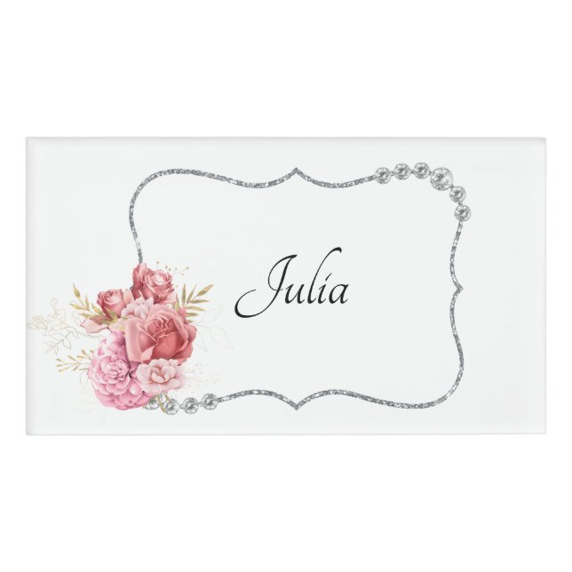 Pretty Rhinestone & Floral Frame  Name Tag (Front)