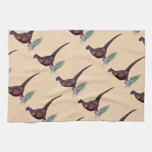 Pretty Ring Neck Pheasant Tan Tea Towel