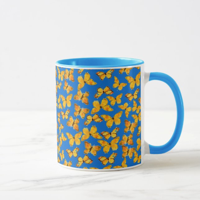 Pretty Ringer Mug, Golden Butterflies on Sky Blue Mug (Right)