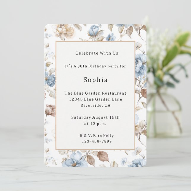 Pretty Romantic Blue Flowers Birthday Invitation (Standing Front)