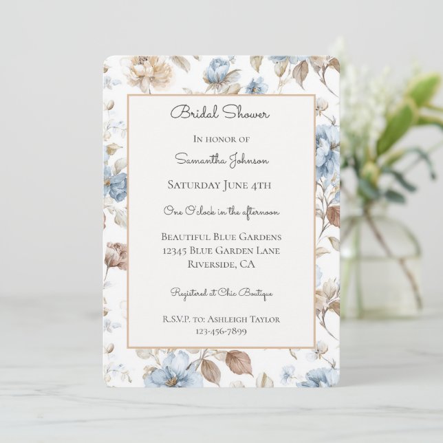 Pretty Romantic Blue Flowers Bridal Shower   Invitation (Standing Front)