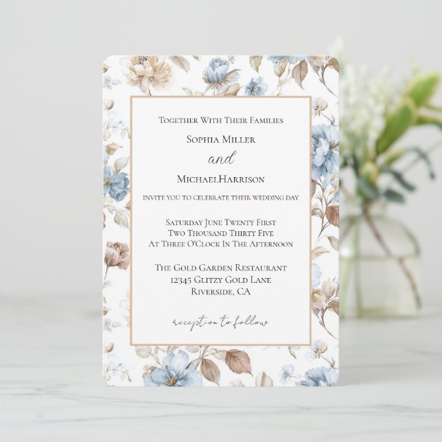 Pretty Romantic Blue Flowers Wedding Invitation (Standing Front)
