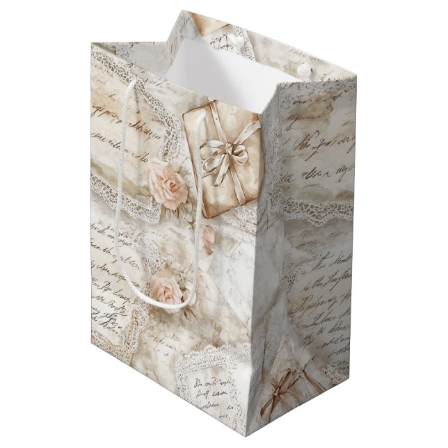 Pretty Romantic Blush Roses Love Letters Wedding Medium Gift Bag (Front Angled)