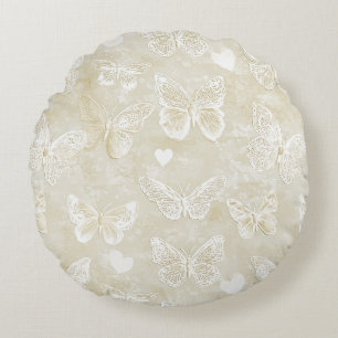 Pretty Romantic Cream Ivory Butterflies Hearts   Round Cushion