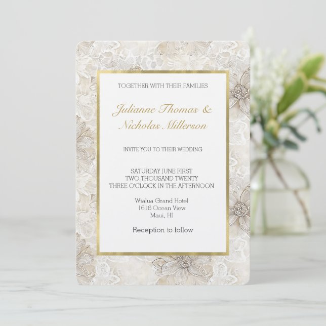 Pretty Romantic Cream Ivory Flowers Wedding Invitation (Standing Front)