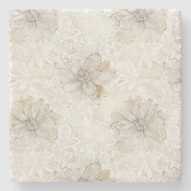 Pretty Romantic Cream Ivory Flowers Wedding Stone Coaster (Front)