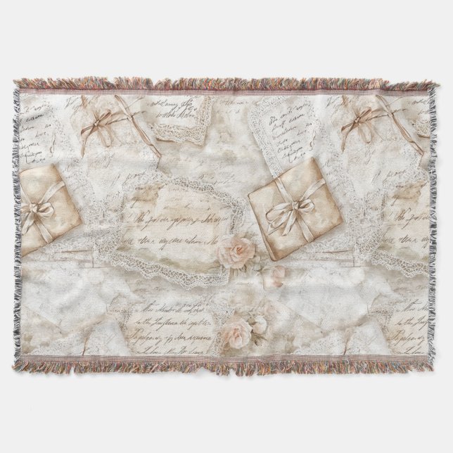 Pretty Romantic Cream Ivory Love Letters Throw Blanket (Front)