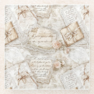 Pretty Romantic Ivory Blush Roses Love Letters Glass Coaster