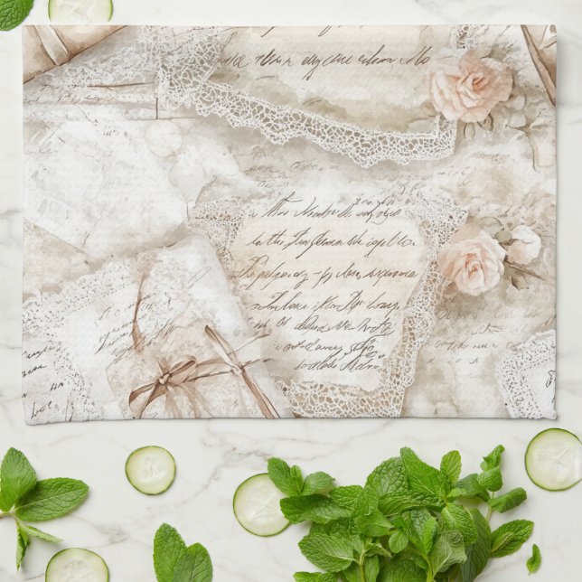 Pretty Romantic Ivory Blush Roses Love Letters Tea Towel (Folded)