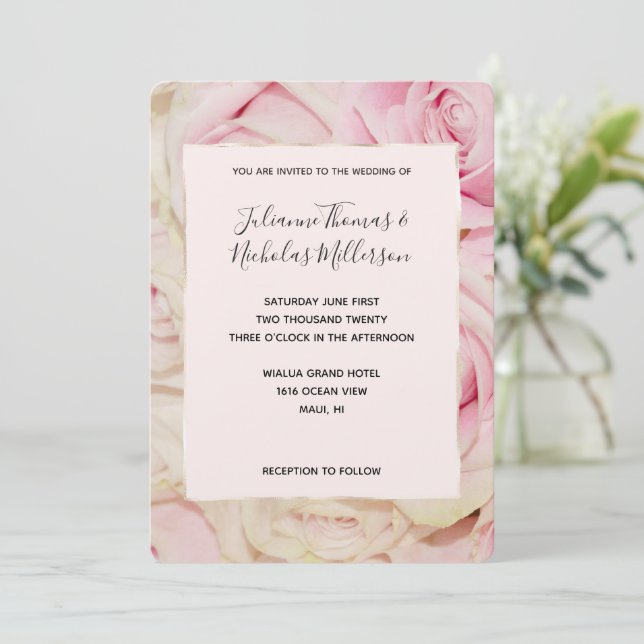 Pretty Romantic Pink Cream Roses Wedding Invites (Standing Front)