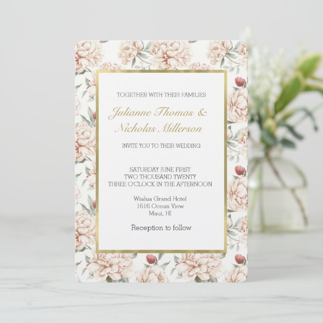 Pretty Romantic Red Cream Flowers Wedding Invitation (Standing Front)