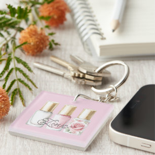 Pretty Rose Blush Pink Floral Nail Polish Key Ring