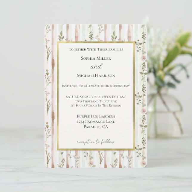 Pretty Rose Floral Stripes Wedding Invitation (Standing Front)