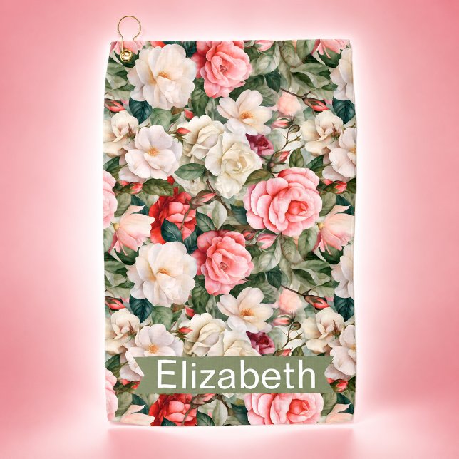  Pretty Rose Garden Patterned Personalised Golf Towel (Pretty Rose Garden Patterned and Personalized Golf Towel For Women.)