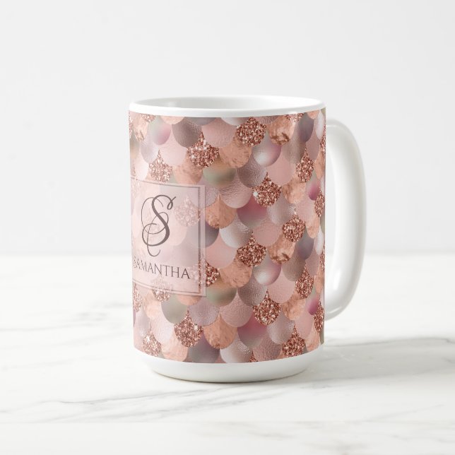 Pretty Rose Gold Mermaid Monogram Coffee Mug (Front Right)