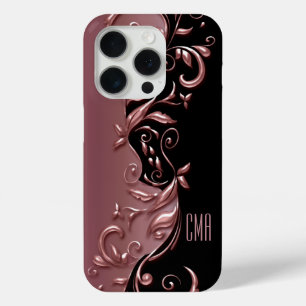 Pretty Rose Gold Ornate Design   Monogram iPhone 15 Pro Case