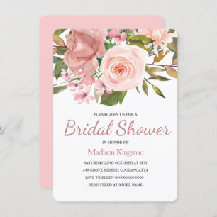 Pretty Rose Gold Pink Flowers Bridal Shower Invitation