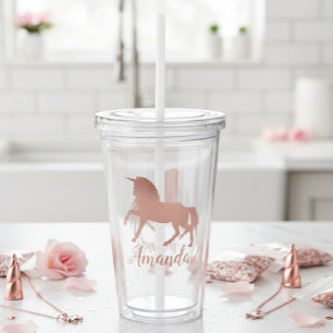 Pretty Rose Gold Unicorn Personalised Girly Acrylic Tumbler