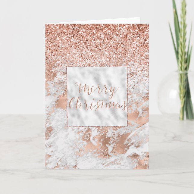 Pretty Rose Gold White Glitzy Marble Glitter Card (Front)