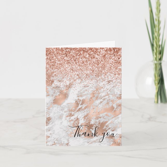 Pretty Rose Gold White Glitzy Marble Thank You Card (Front)