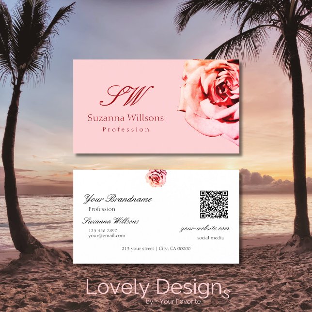 Pretty Rose on Plain Light Pink Initials QR Code Business Card (Creator Uploaded)