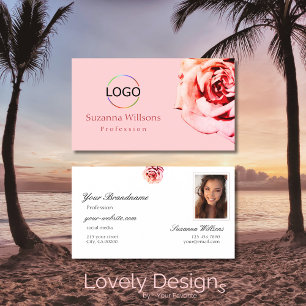 Pretty Rose on Plain Light Pink with Logo Photo Business Card