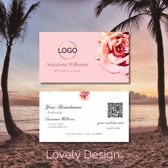 Pretty Rose on Plain Light Pink with Logo QR Code Business Card (Creator Uploaded)